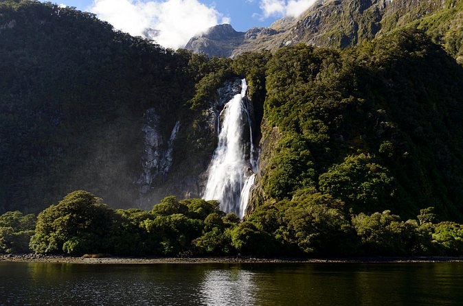 A tall waterfall dropping from bush-covered cliffs into the fiord
